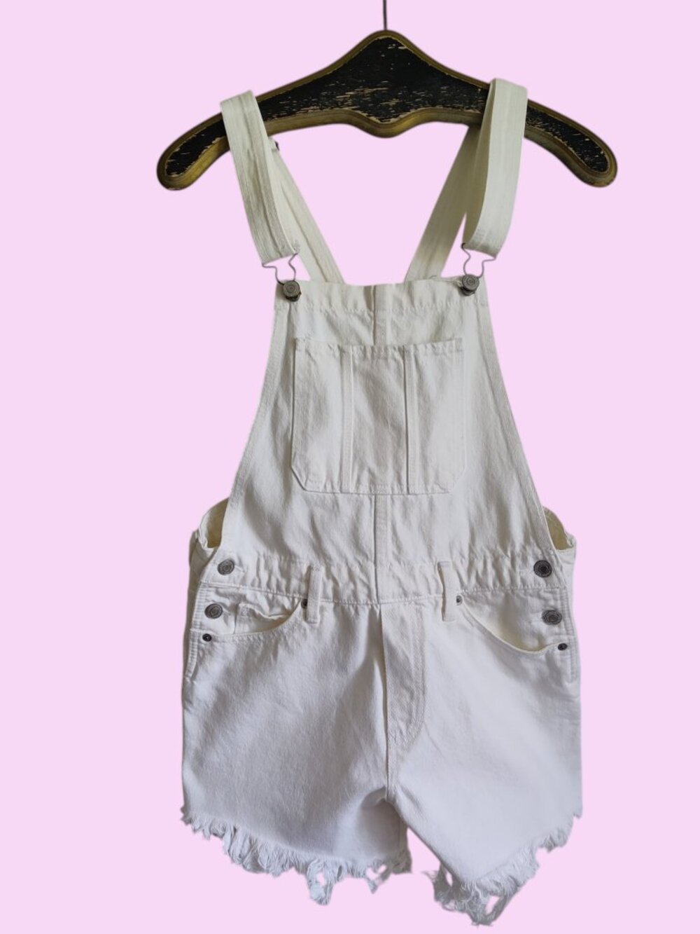 Lucky Brand White Denim Cutoff Overall Shorts Shortalls Distressed Fray Grunge S